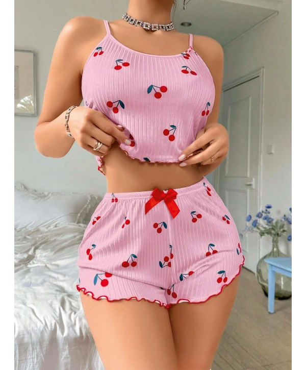 Kadın Pembe Kiraz Desenli Askılı Şortlu Pijama Takım 5044