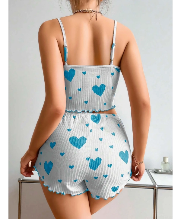 Kadın Beyaz Mavi Kalp Desenli Askılı Şortlu Pijama Takım 5043