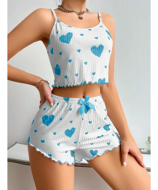 Kadın Beyaz Mavi Kalp Desenli Askılı Şortlu Pijama Takım 5043