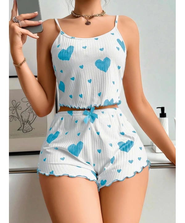 Kadın Beyaz Mavi Kalp Desenli Askılı Şortlu Pijama Takım 5043