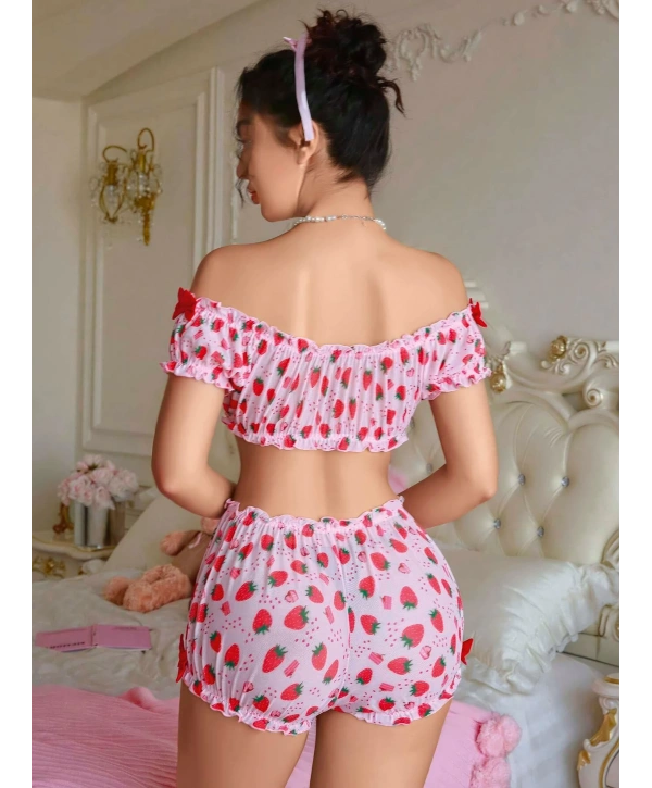 Kadın Pembe Çilek Desenli Fantezi Şort takım 2156