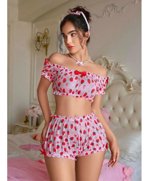 Kadın Pembe Çilek Desenli Fantezi Şort takım 2156