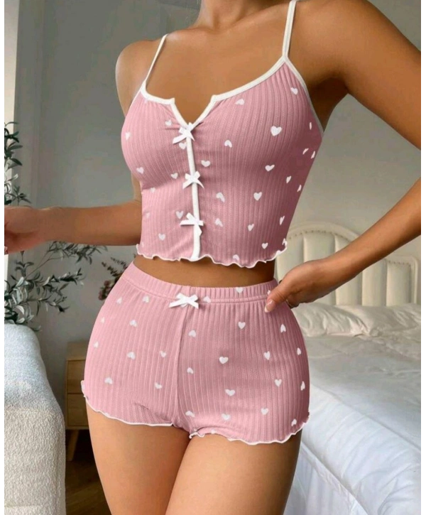 Kadın Pembe Kalpli Askılı Şortlu Pijama Takım 5009