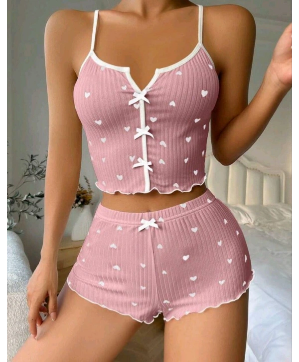 Kadın Pembe Kalpli Askılı Şortlu Pijama Takım 5009