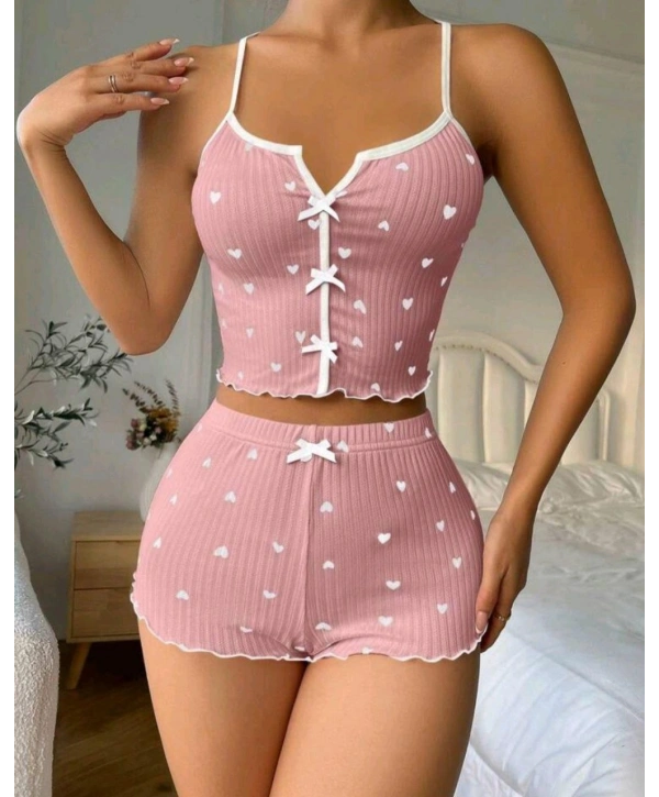 Kadın Pembe Kalpli Askılı Şortlu Pijama Takım 5009