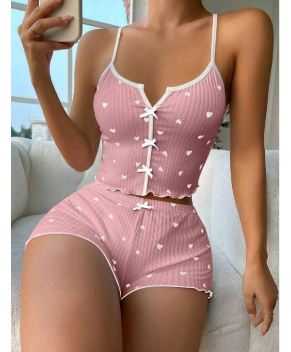Kadın Pembe Kalpli Askılı Şortlu Pijama Takım 5009