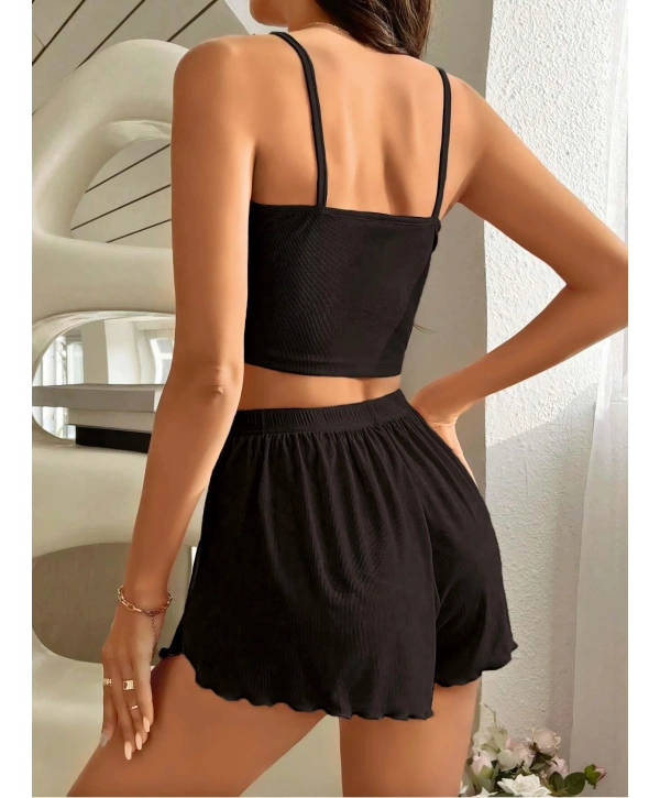 Kadın Siyah Yandan Yırtmaçlı Askılı Şortlu Pijama Takım 5041