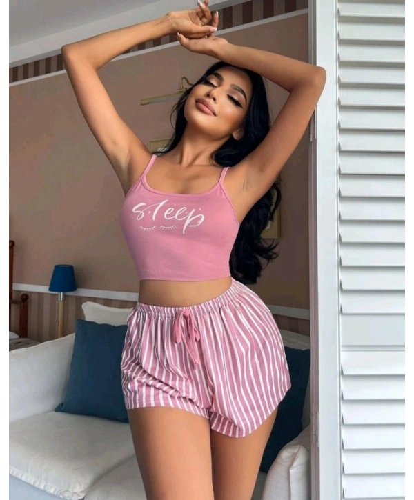 Kadın pembe çizgili desen Askılı Şortlu Pijama Takım 5002