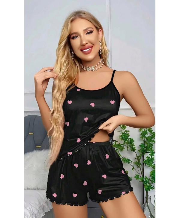 Kadın Siyah Kalp Desenli Askılı Şortlu Gecelik Takım 5018