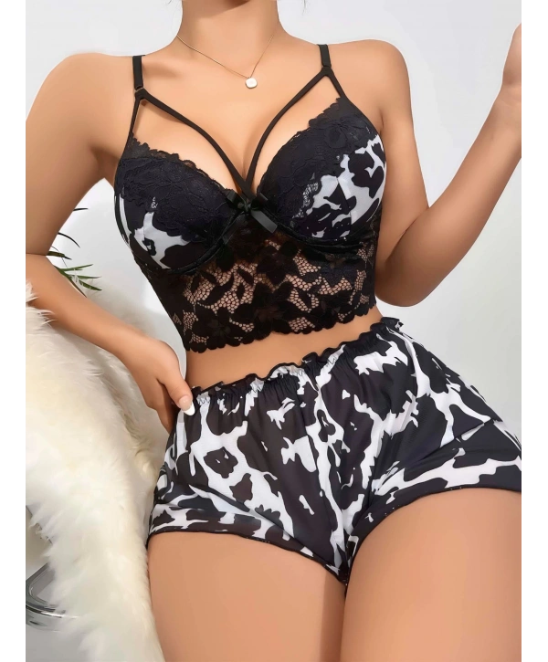 Kadın Siyah Leopar desenli Dantel detaylı Şortlu Gecelik Pijama Takımı 5055