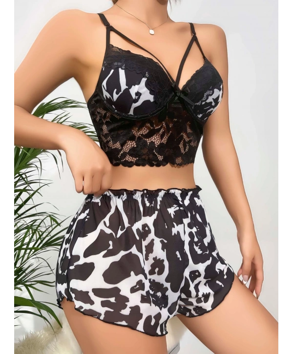 Kadın Siyah Leopar desenli Dantel detaylı Şortlu Gecelik Pijama Takımı 5055