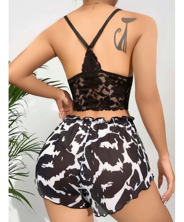 Kadın Siyah Leopar desenli Dantel detaylı Şortlu Gecelik Pijama Takımı 5055