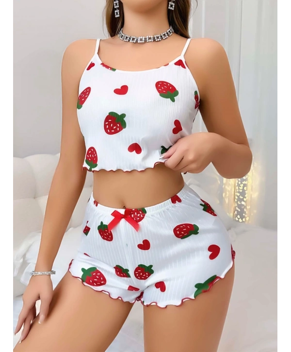 Kadın Beyaz Çilek desenli Şortlu Pijama Takımı 5053