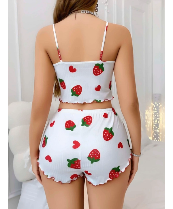 Kadın Beyaz Çilek desenli Şortlu Pijama Takımı 5053