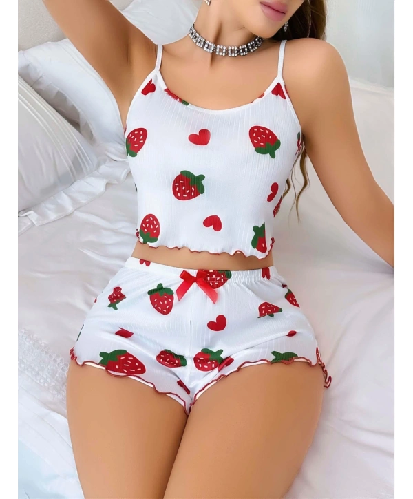 Kadın Beyaz Çilek desenli Şortlu Pijama Takımı 5053
