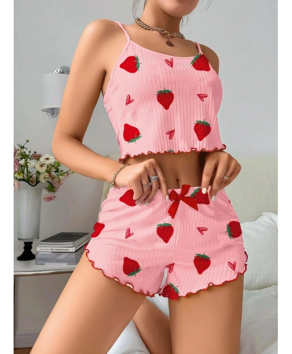 Kadın Pembe Çilek desenli Şortlu Pijama Takımı 5056