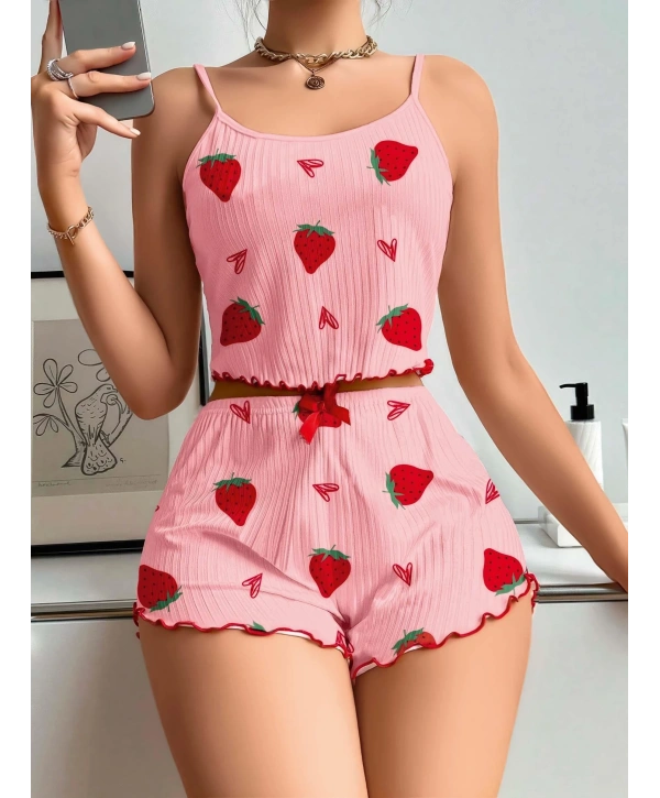 Kadın Pembe Çilek desenli Şortlu Pijama Takımı 5056