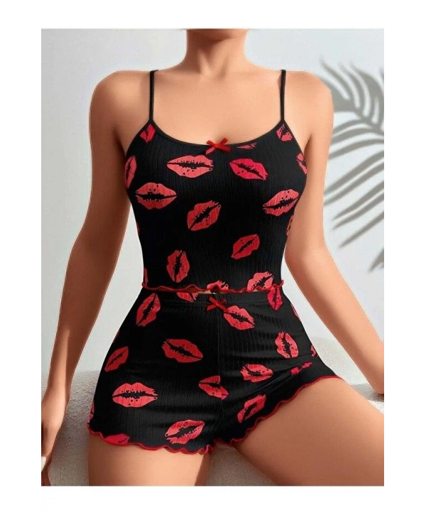Kadın Siyah Dudak Desenli Şortlu Pijama Takımı 5057