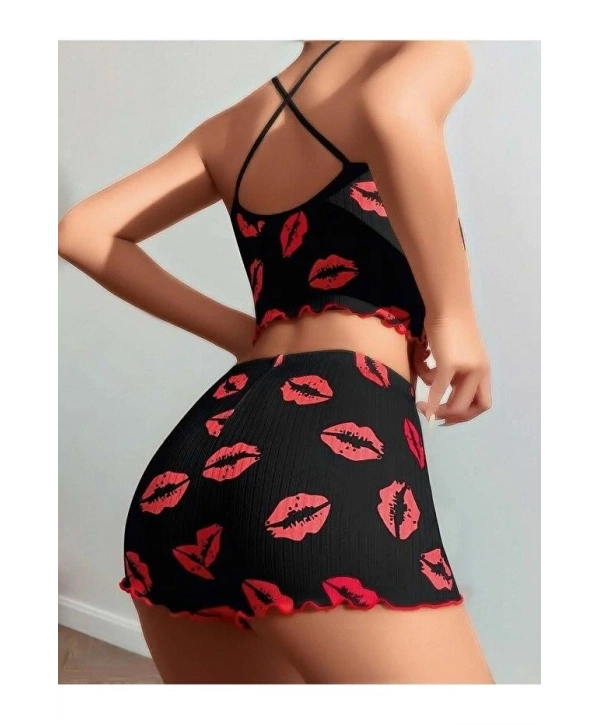 Kadın Siyah Dudak Desenli Şortlu Pijama Takımı 5057