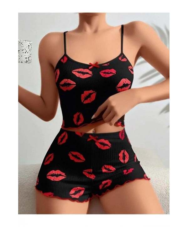 Kadın Siyah Dudak Desenli Şortlu Pijama Takımı 5057