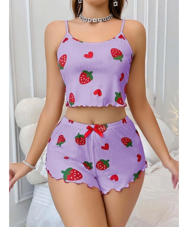 Kadın Mor Çilek desenli Şortlu Pijama Takımı 5061