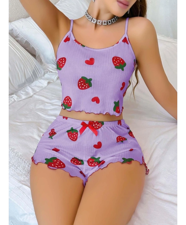 Kadın Mor Çilek desenli Şortlu Pijama Takımı 5061