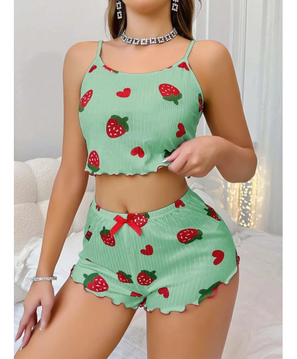 Kadın Yeşil Çilek desenli Şortlu Pijama Takımı 5060