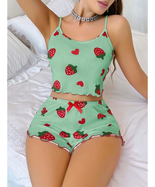 Kadın Yeşil Çilek desenli Şortlu Pijama Takımı 5060
