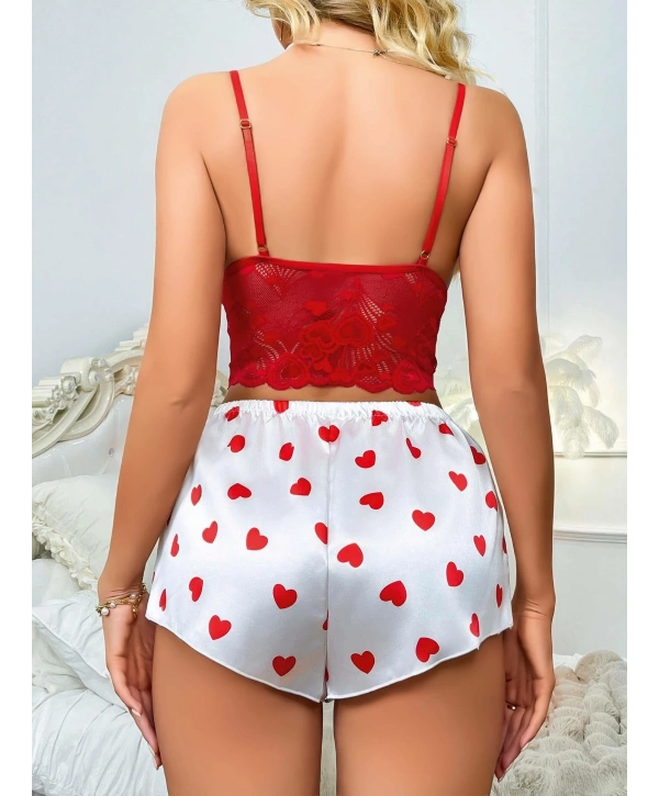 Kadın Kırmızı Kalp Desenli Şort Askılı Dantel Üst Pijama Takımı 2218