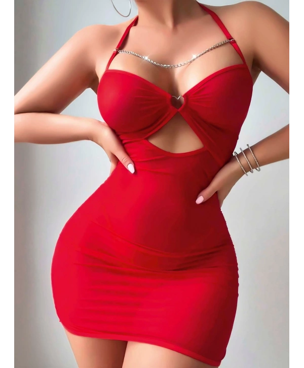 Kadın Kırmızı Tül Zincir Detaylı Fantezi 2177