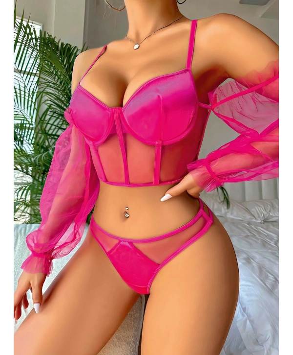 Pembe Kolları Tül Detaylı .Jartiyer Fantezi Takım 2020