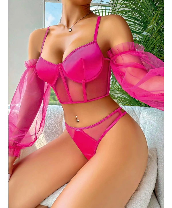 Pembe Kolları Tül Detaylı .Jartiyer Fantezi Takım 2020