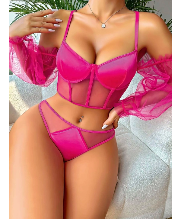 Pembe Kolları Tül Detaylı .Jartiyer Fantezi Takım 2020
