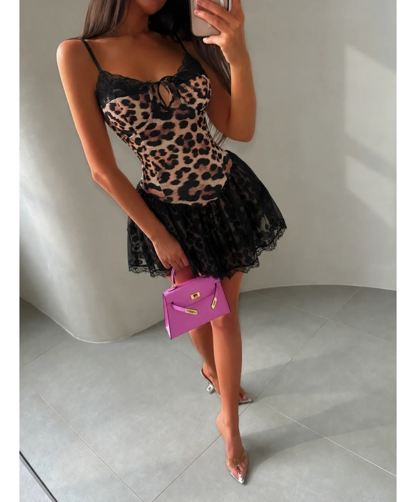 ALESİ LEOPAR TÜL DETAY ELBİSE LEOPAR