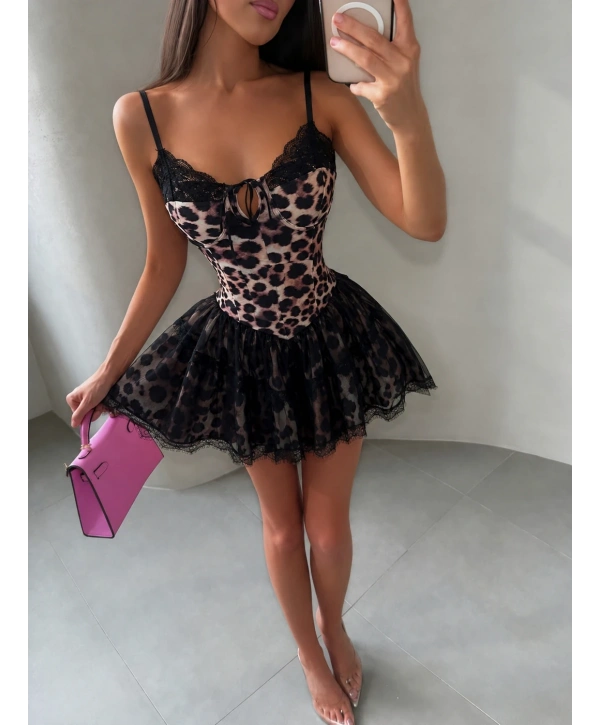ALESİ LEOPAR TÜL DETAY ELBİSE LEOPAR