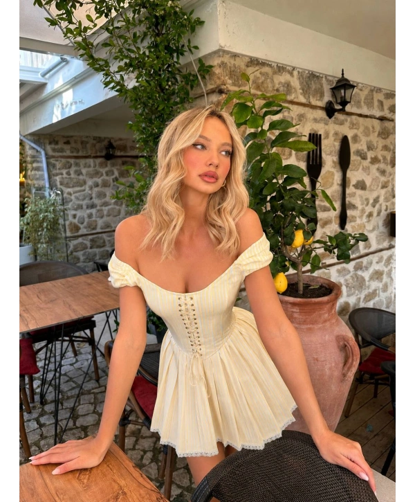 MORLİVA ÇİZGİLİ CORSET ELBİSE SARI