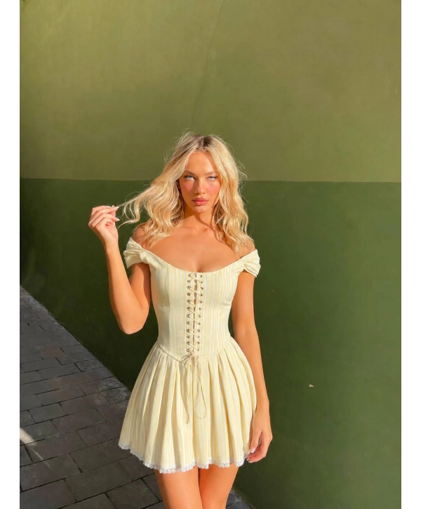 MORLİVA ÇİZGİLİ CORSET ELBİSE SARI