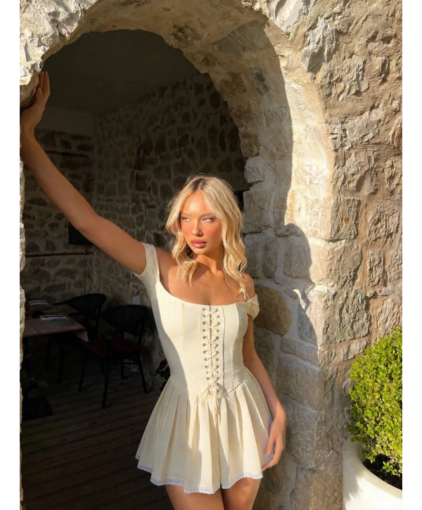 MORLİVA ÇİZGİLİ CORSET ELBİSE SARI