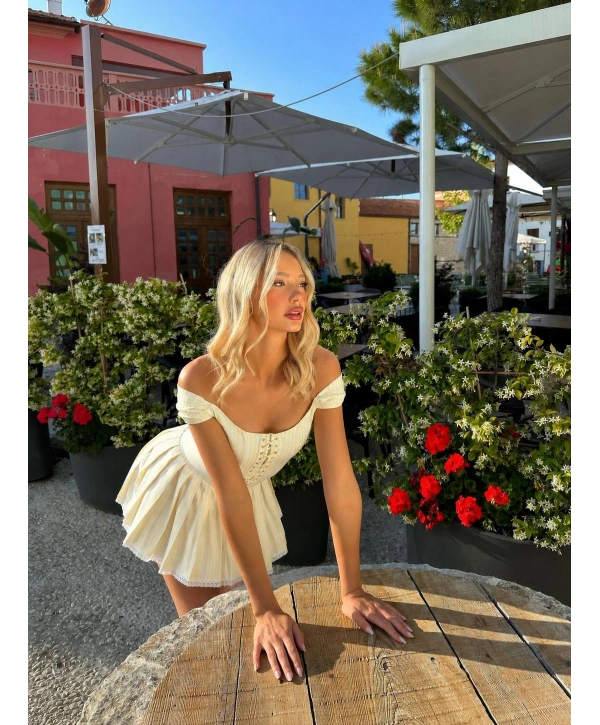 MORLİVA ÇİZGİLİ CORSET ELBİSE SARI