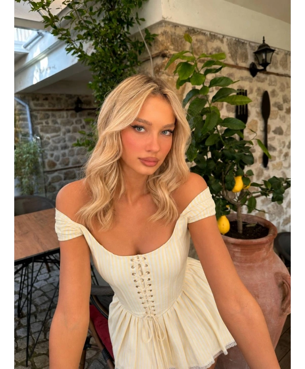 MORLİVA ÇİZGİLİ CORSET ELBİSE SARI
