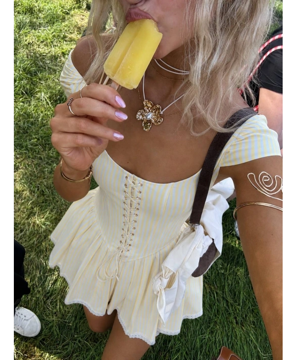 MORLİVA ÇİZGİLİ CORSET ELBİSE SARI