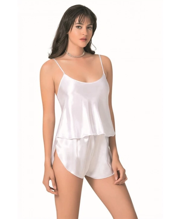 Morliva Beyaz Saten Babydoll Şort Takımı
