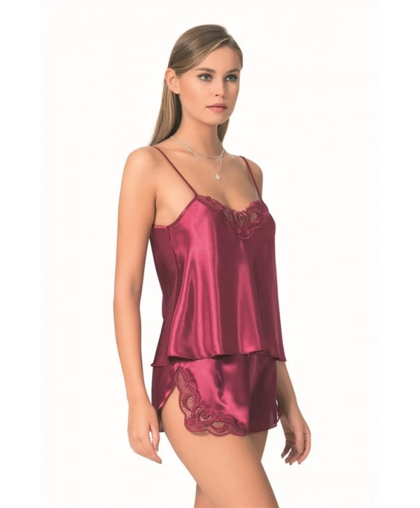 Morliva Bordo Saten Babydoll Şort Takımı