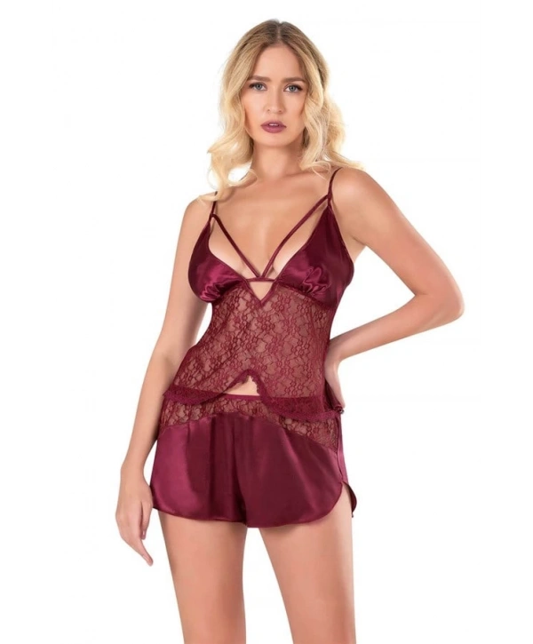 Morliva  Bordo Saten Babydoll Şort Takımı