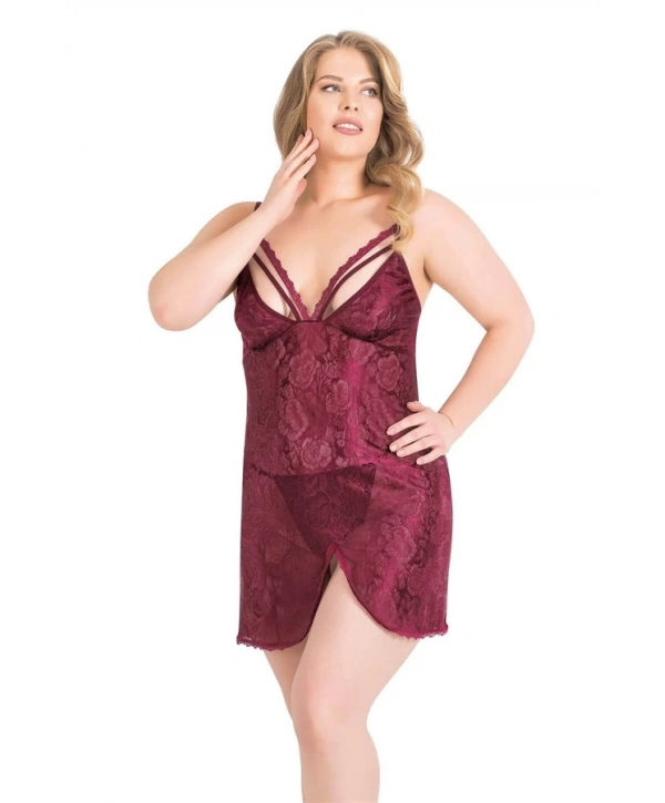 Morliva  Büyük Beden Bordo Kısa Jakarlı Gecelik