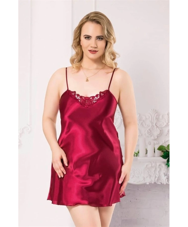 Morliva Büyük Beden Bordo Kısa Saten Gecelik
