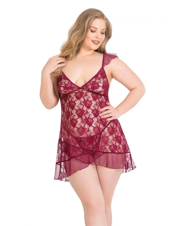 Morliva  Büyük Beden Bordo Kısa Tül Gecelik