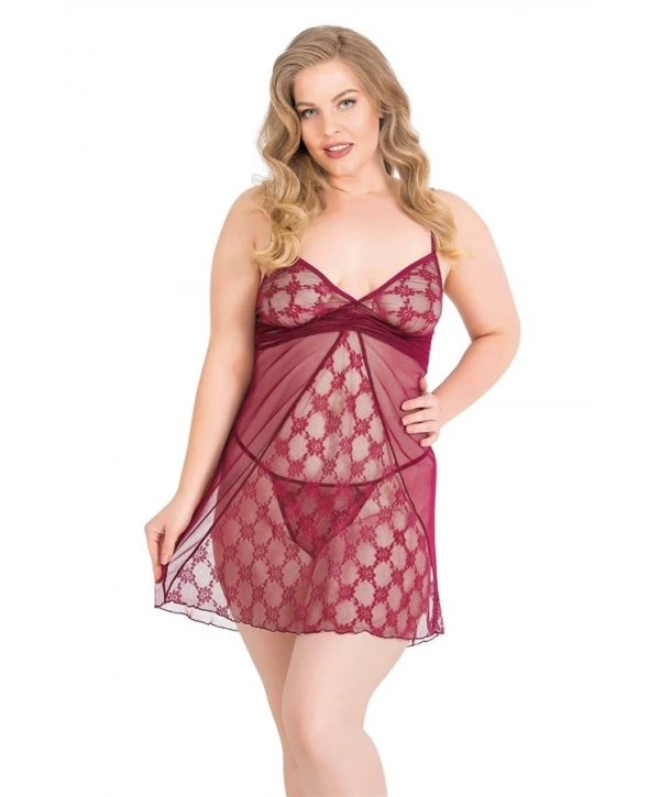 Morliva Büyük Beden Bordo Kısa Tül Gecelik