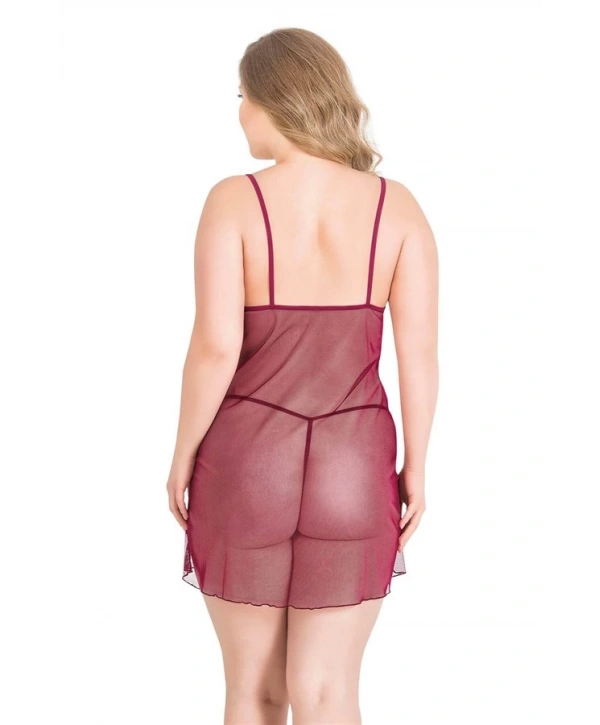 Morliva Büyük Beden Bordo Kısa Tül Gecelik