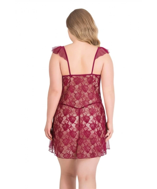 Morliva  Büyük Beden Bordo Kısa Tül Gecelik